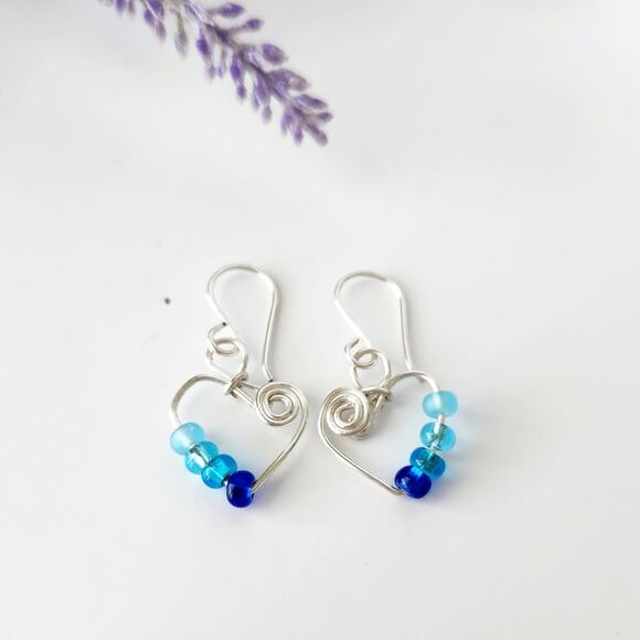 Silver Wire Heart Beaded Earrings - Picture 3 of 9